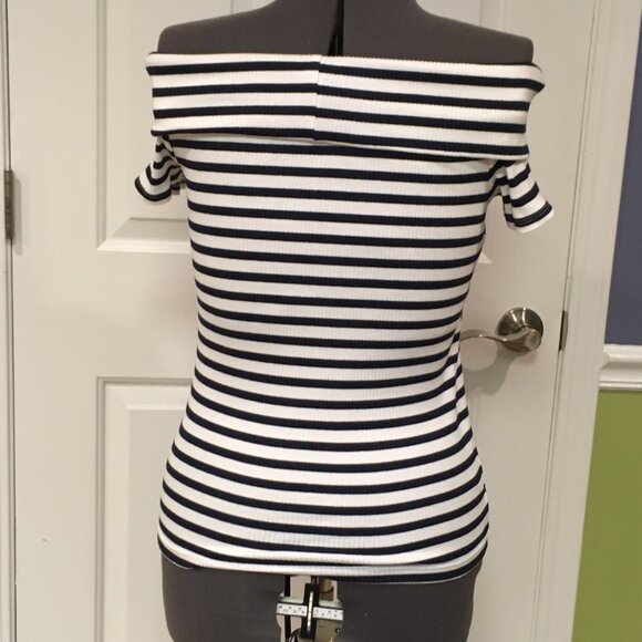 New Ann Taylor LOFT  Size XL Blue and White Striped Off The Shoulder Top - Picture 4 of 9